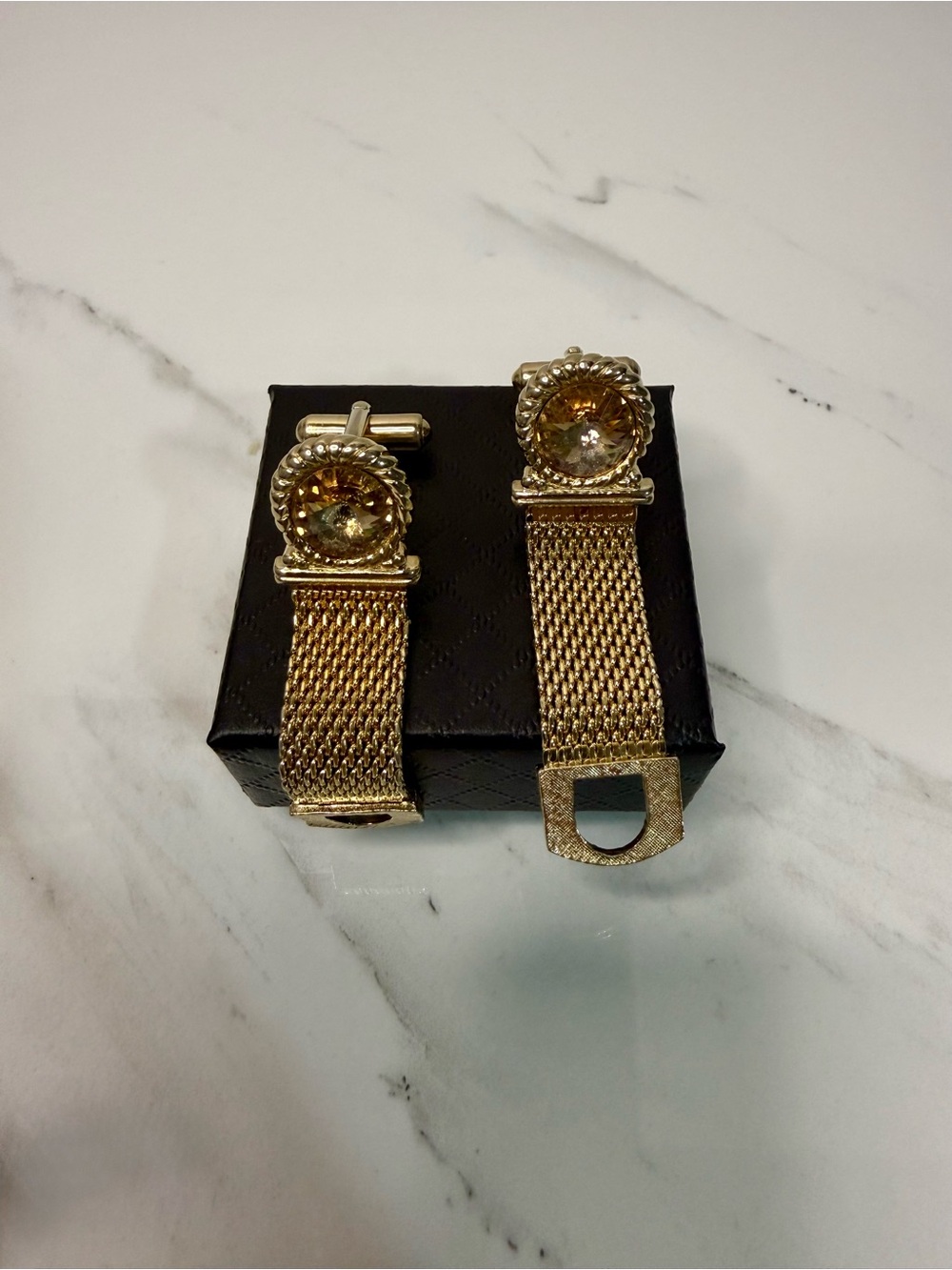 Gold Tone Mesh Cufflinks with Faceted Crystal Accent